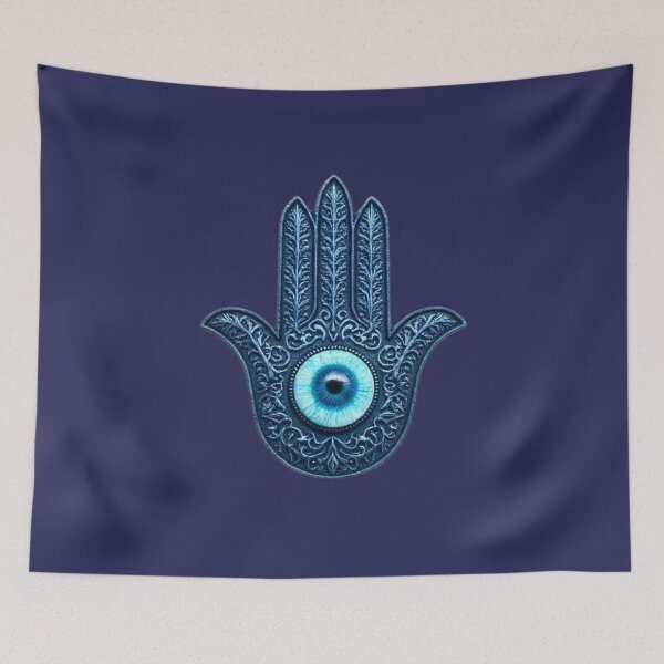 Item preview, Dark Navy Blue Hamsa Hand Evil Eye Mystical Boho Celestial Art designed and sold by ZenWealthDesign.