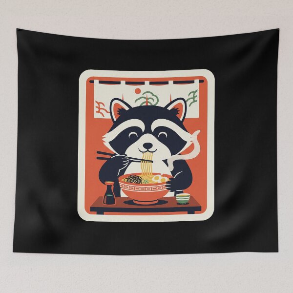 Item preview, Cute Raccoon Eating Ramen in Cozy Japanese Noodle Shop designed and sold by JordynLadukeg65.