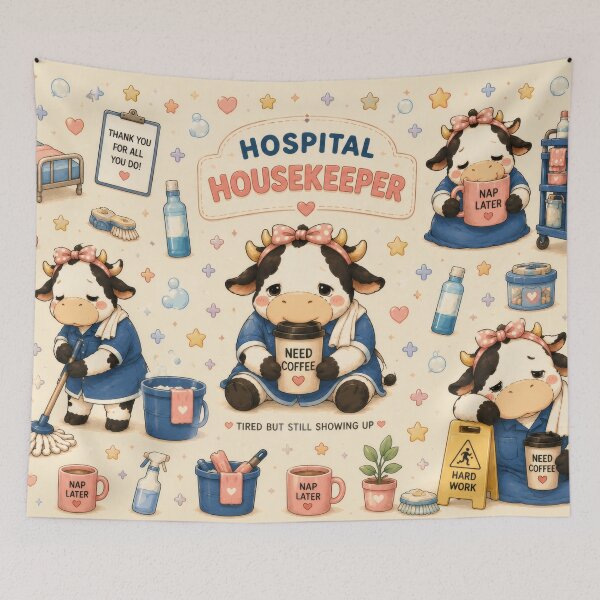 Item preview, Hospital Housekeeper Tired But Still Showing Up Cow designed and sold by Omni Craft .