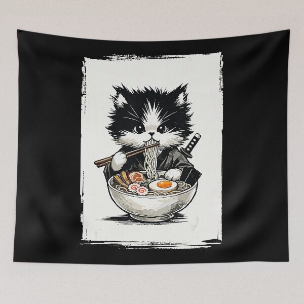 Item preview, Samurai Cat Eating Ramen In Cute Japanese Ink Style designed and sold by titanlevi.