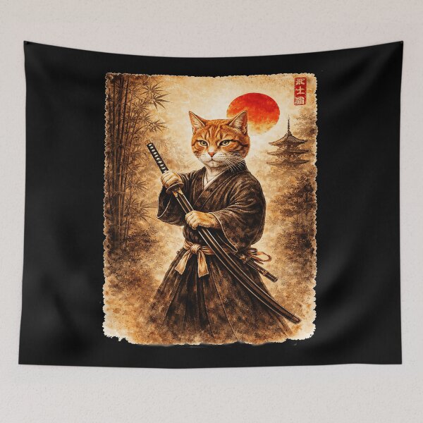 Item preview, Samurai Cat Vintage Japanese Warrior Illustration With Retro Sunset Mood designed and sold by titanlevi.