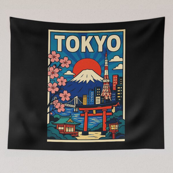 Item preview, Tokyo Japan Retro Travel Poster With Mount Fuji City Nightscape designed and sold by eliramaison.