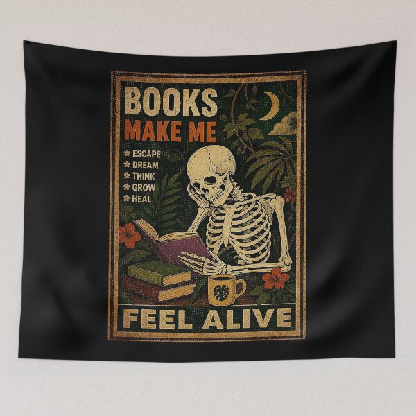 Item preview, Books Make Me Feel Alive Gothic Skeleton Reader Vintage Library Poster designed and sold by ferminhays.
