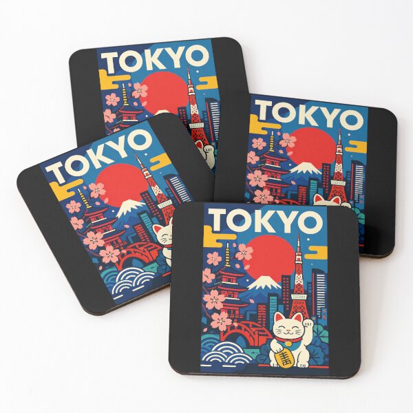 Item preview, Tokyo Lucky Cat Retro Japan City Poster With Mount Fuji Sunset designed and sold by eliramaison.