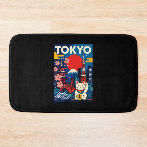 Item preview, Tokyo Lucky Cat Retro Japan City Poster With Mount Fuji Sunset designed and sold by eliramaison.