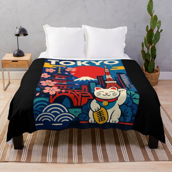Item preview, Tokyo Lucky Cat Retro Japan City Poster With Mount Fuji Sunset designed and sold by eliramaison.