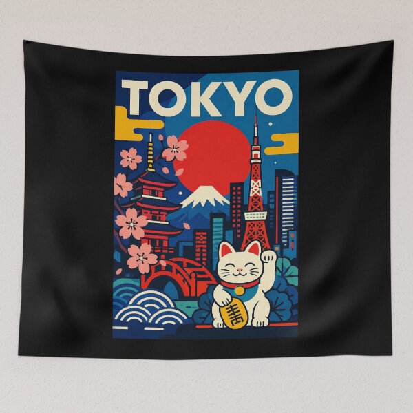 Item preview, Tokyo Lucky Cat Retro Japan City Poster With Mount Fuji Sunset designed and sold by eliramaison.