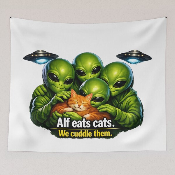 Item preview, Alf Eats Cats — We Cuddle Them (Alien Cat Lovers Design) designed and sold by ChaoticVibe22.