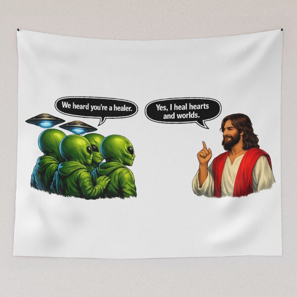 Item preview, We Heard You’re a Healer — Cosmic Conversation (Aliens & Jesus Design) designed and sold by ChaoticVibe22.