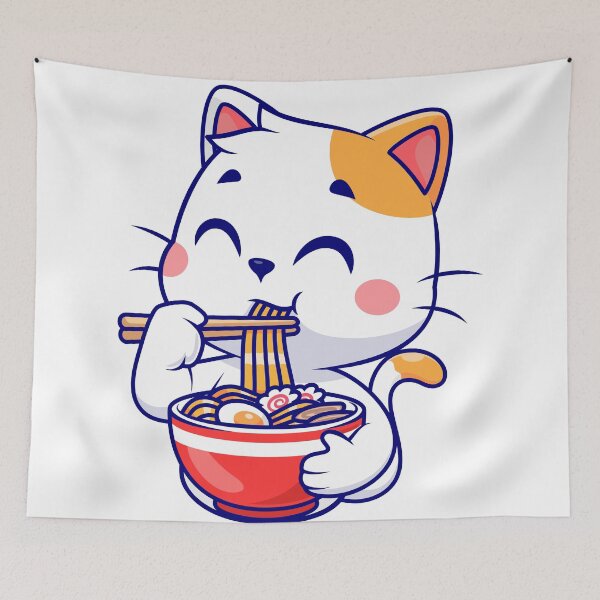Item preview, Happy Calico Cat Enjoying Ramen Illustration designed and sold by KrisGraphic45.