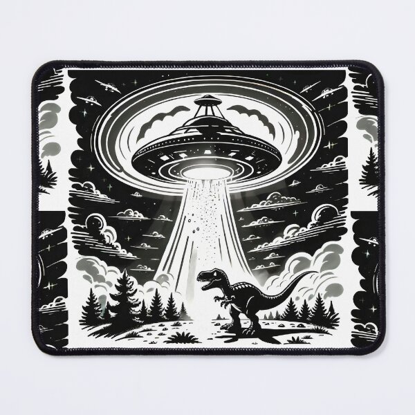 Item preview, UFO T-Rex Abduction | Retro Black and White Alien Spaceship | Funny Dinosaur Sci-Fi Art designed and sold by SergioMiklos.