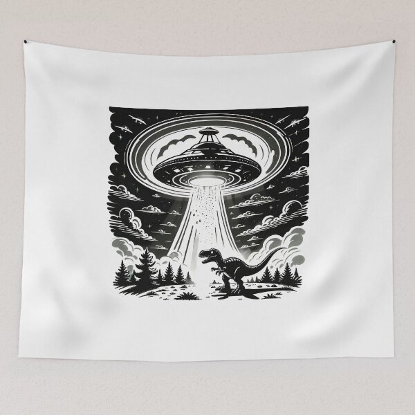 Item preview, UFO T-Rex Abduction | Retro Black and White Alien Spaceship | Funny Dinosaur Sci-Fi Art designed and sold by SergioMiklos.