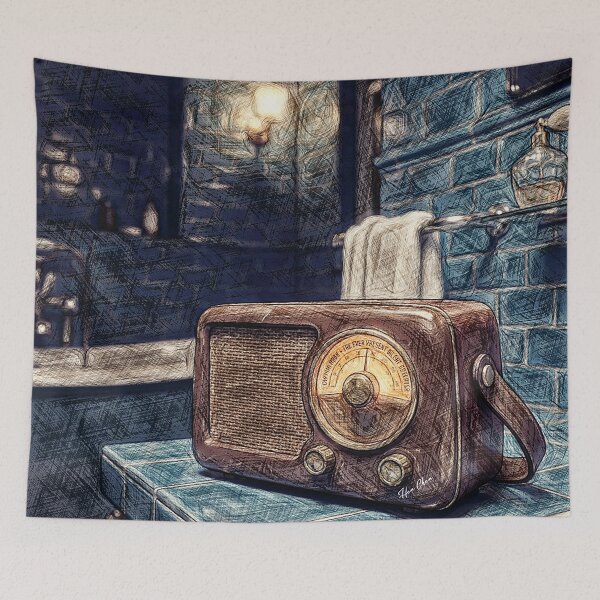 Item preview, Vintage Retro Radio Cinematic Bathroom Illustration designed and sold by Hen-C-Art.