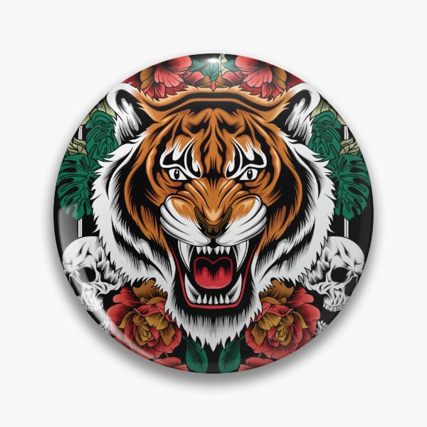 Item preview, Roaring Tiger with Skulls & Roses - Dark Fantasy Beast Tattoo Art designed and sold by PrimalBeastLab.
