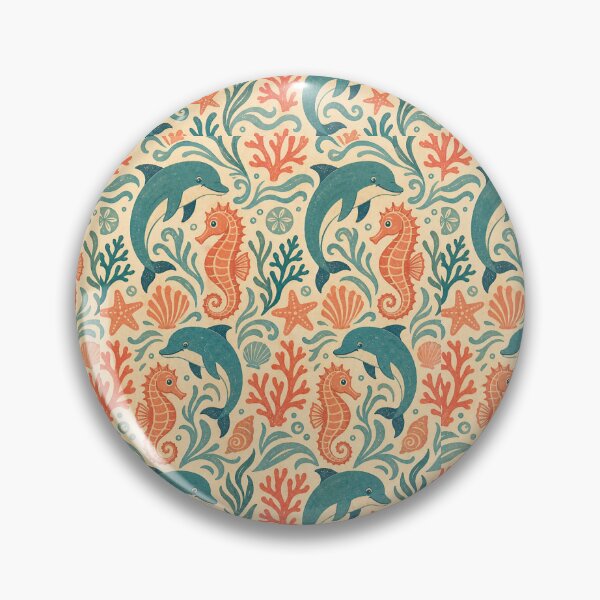 Item preview, Vintage Ocean Collage Seamless Pattern — Dolphins & Seahorses (Teal, Coral, Cream) designed and sold by Jandedan.