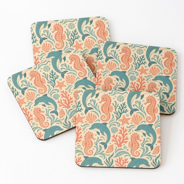 Item preview, Vintage Ocean Collage Seamless Pattern — Dolphins & Seahorses (Teal, Coral, Cream) designed and sold by Jandedan.
