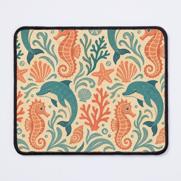 Item preview, Vintage Ocean Collage Seamless Pattern — Dolphins & Seahorses (Teal, Coral, Cream) designed and sold by Jandedan.