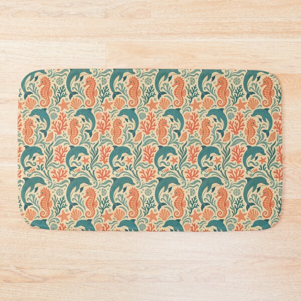 Item preview, Vintage Ocean Collage Seamless Pattern — Dolphins & Seahorses (Teal, Coral, Cream) designed and sold by Jandedan.