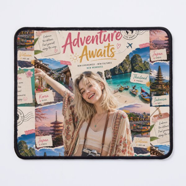 Item preview, Adventure Awaits Travel Collage Poster | Wanderlust Vacation Aesthetic Art designed and sold by Inkora-Art.