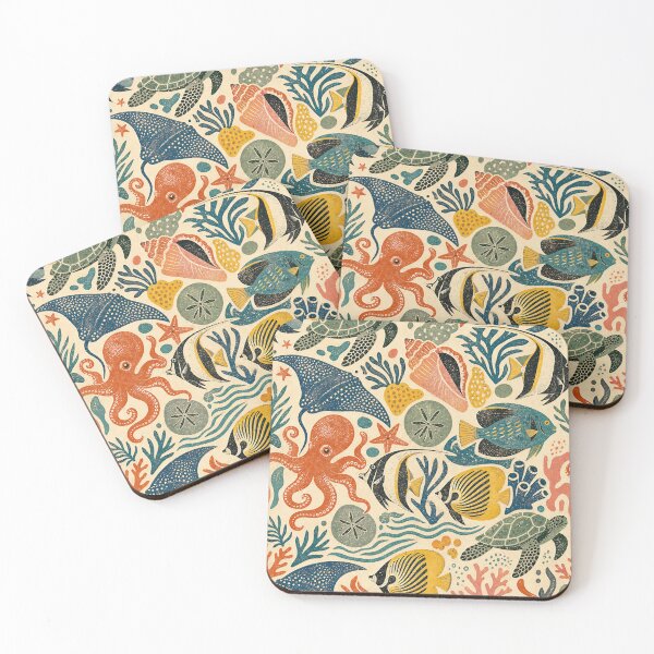 Item preview, Vintage Caribbean Ocean Collage — Seamless Repeat Pattern, Stylized Sea Creatures (Grainy Screenprint Texture) designed and sold by Jandedan.