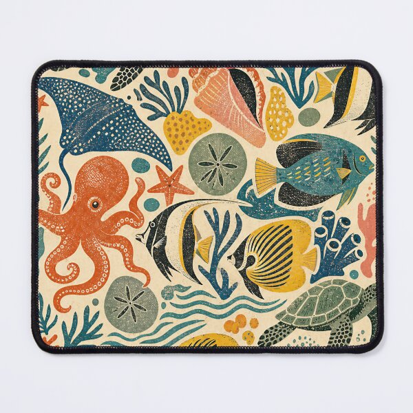 Item preview, Vintage Caribbean Ocean Collage — Seamless Repeat Pattern, Stylized Sea Creatures (Grainy Screenprint Texture) designed and sold by Jandedan.
