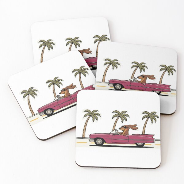 Item preview, Dachshund Wiener Dog Driving Pink Convertible Cadillac Cartoon  designed and sold by Lunevalleyart.