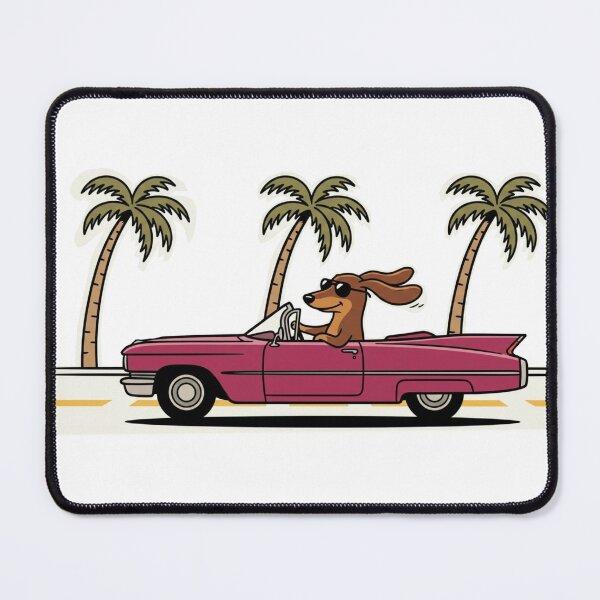 Item preview, Dachshund Wiener Dog Driving Pink Convertible Cadillac Cartoon designed and sold by Lunevalleyart.