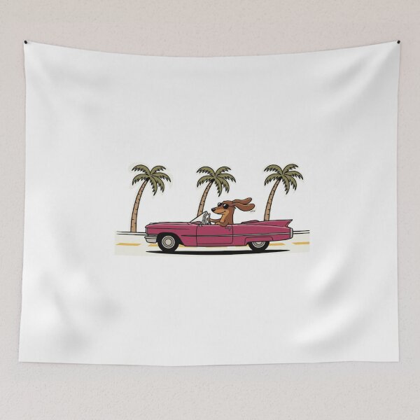 Item preview, Dachshund Wiener Dog Driving Pink Convertible Cadillac Cartoon  designed and sold by Lunevalleyart.