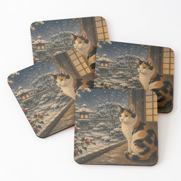 Item preview, Calico Cat in Snow with Camellias - Vintage Japanese Winter Art designed and sold by WabiSabiArts.