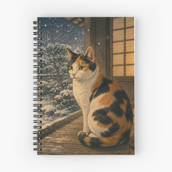 Item preview, Calico Cat in Snow with Camellias - Vintage Japanese Winter Art designed and sold by WabiSabiArts.