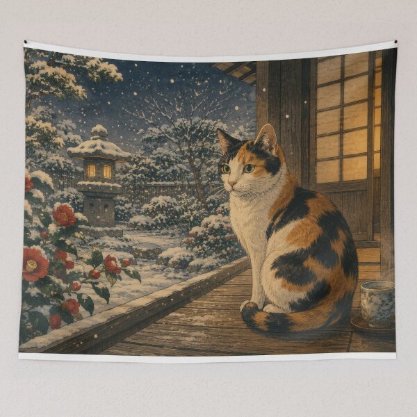 Item preview, Calico Cat in Snow with Camellias - Vintage Japanese Winter Art designed and sold by WabiSabiArts.