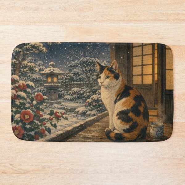 Item preview, Calico Cat in Snow with Camellias - Vintage Japanese Winter Art designed and sold by WabiSabiArts.