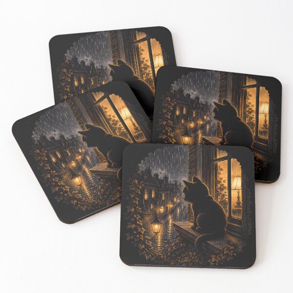Item preview, Cozy Black Cat Looking Out Window - Rainy Night City Lights designed and sold by ChubbyGoong.