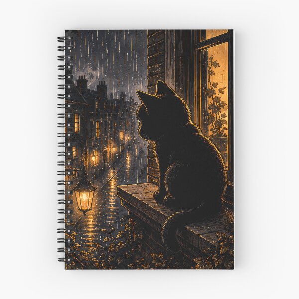 Item preview, Cozy Black Cat Looking Out Window - Rainy Night City Lights designed and sold by ChubbyGoong.