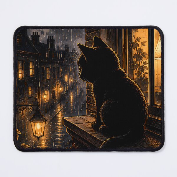 Item preview, Cozy Black Cat Looking Out Window - Rainy Night City Lights designed and sold by ChubbyGoong.