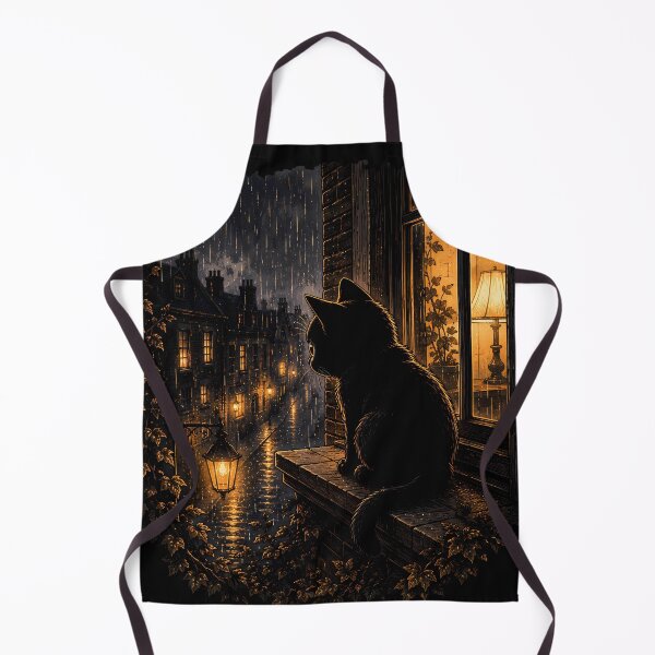 Item preview, Cozy Black Cat Looking Out Window - Rainy Night City Lights designed and sold by ChubbyGoong.