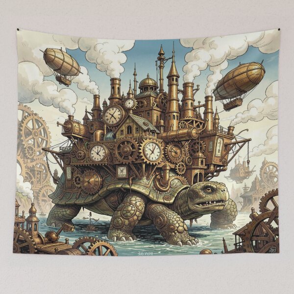 Item preview, A vibrant steampunk metropolis on the back of an ancient colossal turtle with airship docks. designed and sold by FotoworldEdel.