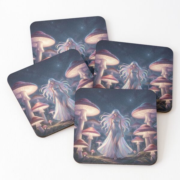 Item preview, Ethereal woman under a starry sky in a field of giant, luminous mushrooms, full of magical atmosphere. designed and sold by FotoworldEdel.