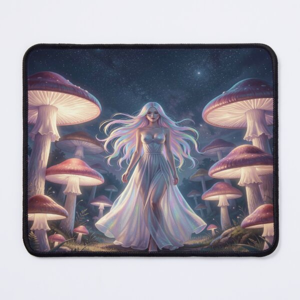 Item preview, Ethereal woman under a starry sky in a field of giant, luminous mushrooms, full of magical atmosphere. designed and sold by FotoworldEdel.