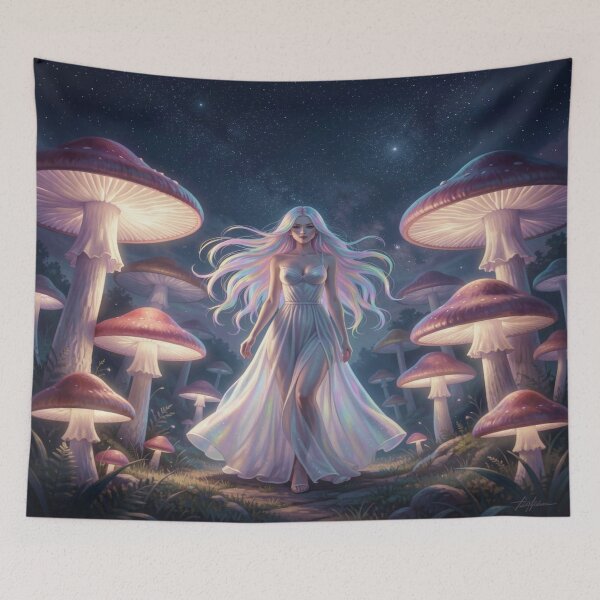 Item preview, Ethereal woman under a starry sky in a field of giant, luminous mushrooms, full of magical atmosphere. designed and sold by FotoworldEdel.