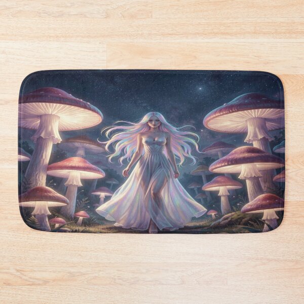 Item preview, Ethereal woman under a starry sky in a field of giant, luminous mushrooms, full of magical atmosphere. designed and sold by FotoworldEdel.