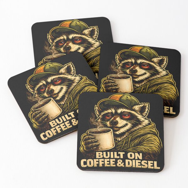 Item preview, Built On Coffee & Diesel Raccoon Trucker Vintage Workwear T-Shirt designed and sold by clockedoutwearshop.