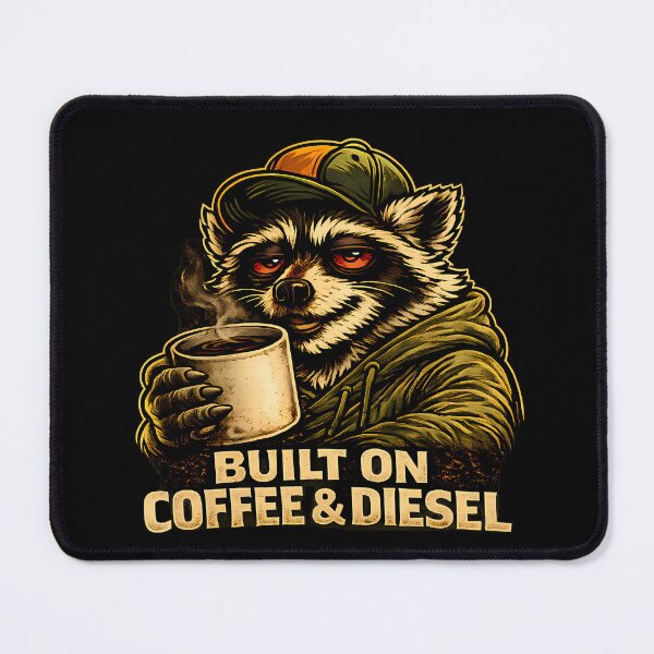 Item preview, Built On Coffee & Diesel Raccoon Trucker Vintage Workwear T-Shirt designed and sold by clockedoutwearshop.