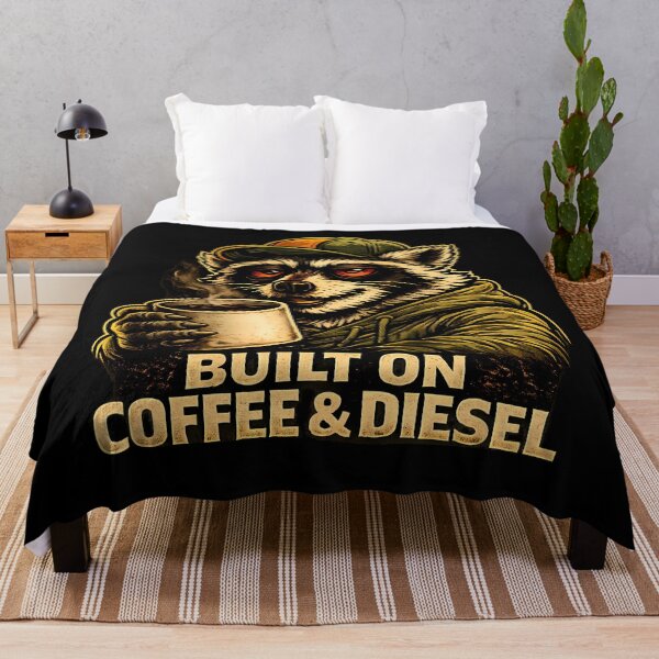 Item preview, Built On Coffee & Diesel Raccoon Trucker Vintage Workwear T-Shirt designed and sold by clockedoutwearshop.