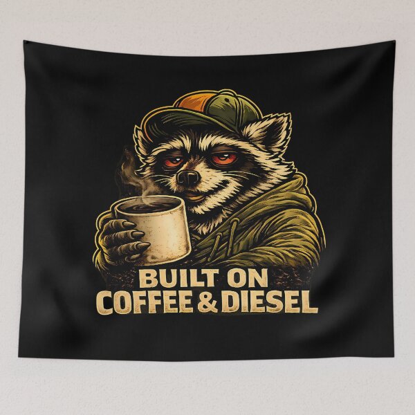 Item preview, Built On Coffee & Diesel Raccoon Trucker Vintage Workwear T-Shirt designed and sold by clockedoutwearshop.