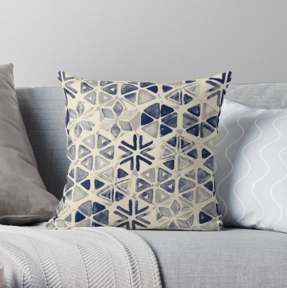 Hand Painted Triangle & Honeycomb Ink Pattern - indigo & cream Throw Pillow