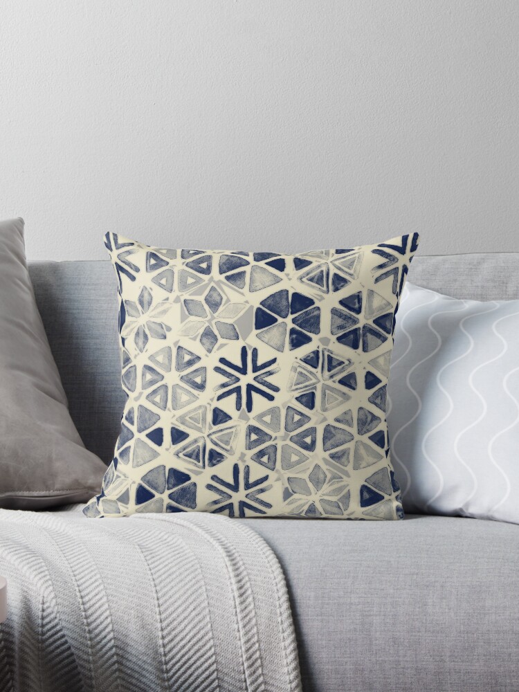 Thumbnail 1 of 3, Throw Pillow, Hand Painted Triangle & Honeycomb Ink Pattern - indigo & cream designed and sold by micklyn.