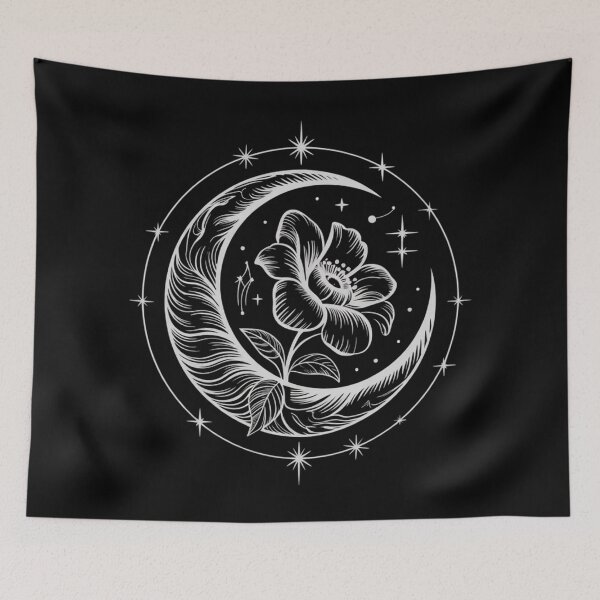 Item preview, Celestial Crescent Moon & Flower - Fine Line Art - Mystical White Graphic designed and sold by Design_Your_Day.