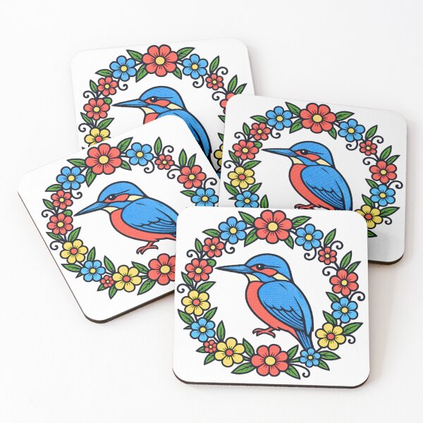 Item preview, Vibrant Folk Art Kingfisher Floral Wreath Graphic designed and sold by TrinovaCreates.