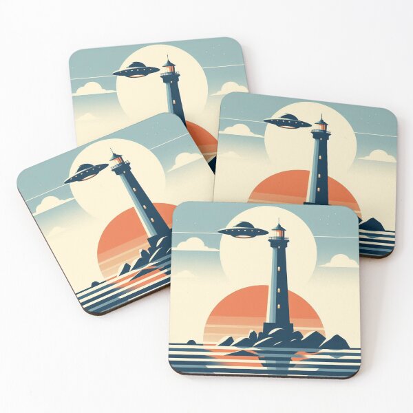 Item preview, Retro Lighthouse – UFO Sunset Encounter designed and sold by Dogandesighn.